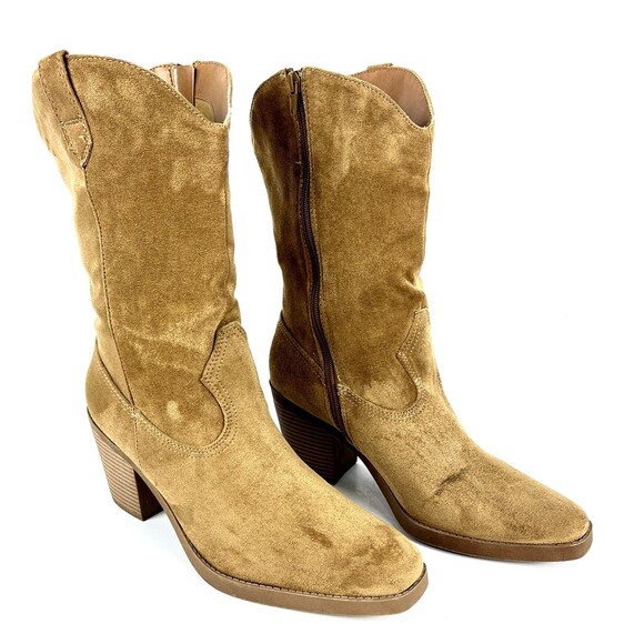 POP Natural Faux Suede Cowgirl Boots Womens SZ 10 Side Zip Chunky Heel Boho Chic - Picture 6 of 13